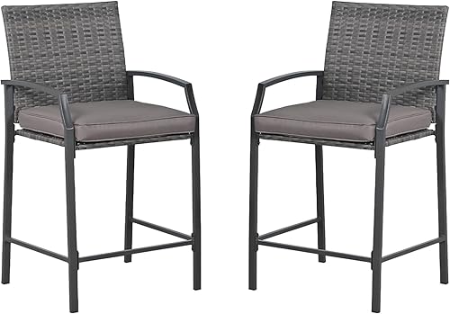 OC Orange-Casual Juego de 2 taburetes de bar para exteriores, silla de comedor de mimbre para todo tipo de clima, 2 taburetes de ratán de altura de