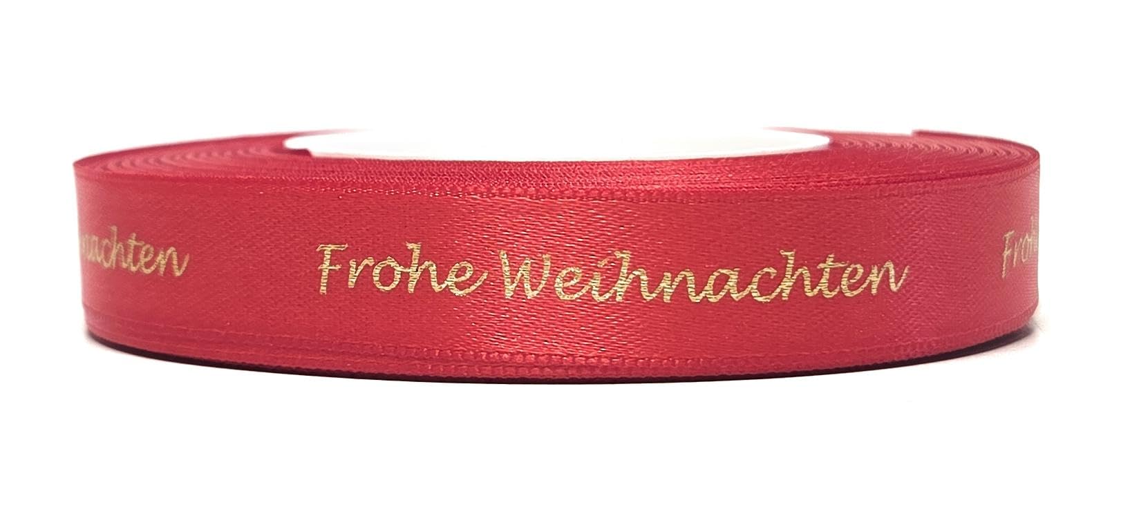 10 Rollen Schleifenband á 25m x 15mm Frohe Weihnachten Rot - Gold Satinband Dekoband Weihnachtsband