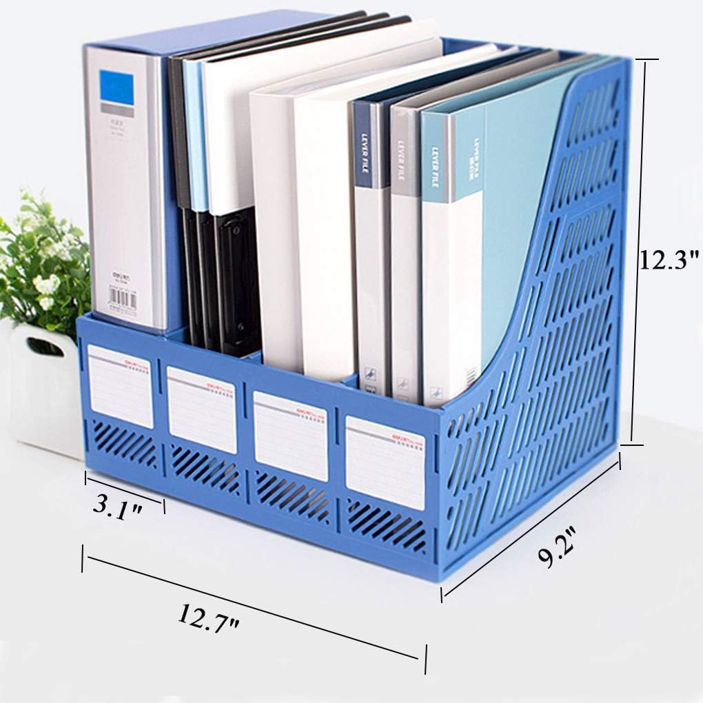 AB SALES Desk Magazine Holder File Organizer, 4-Compartment Plastic File Holder with Labels, Sturdy Document Storage Organizer for Home, Office, or School (Blue) 3