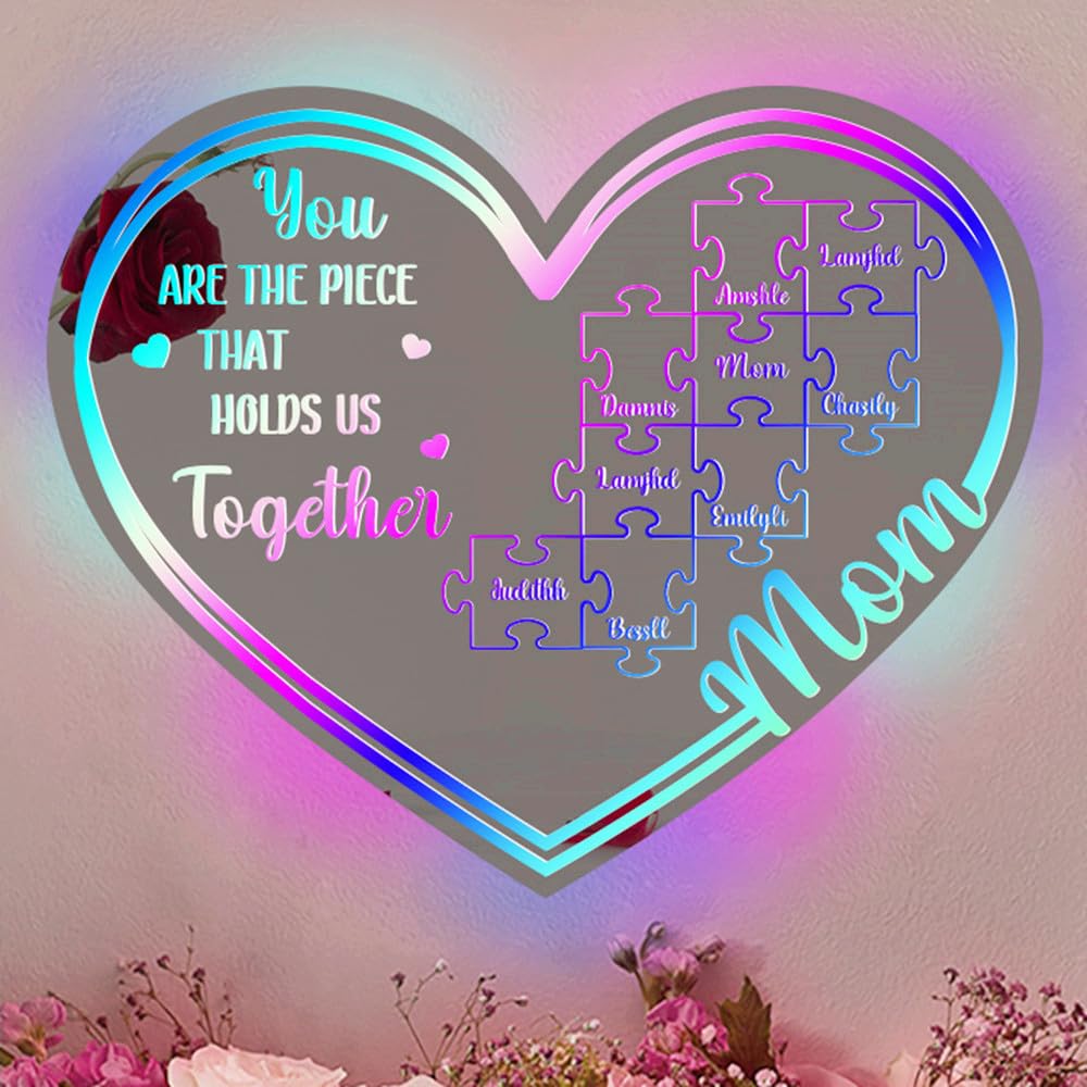 Custom Mothers Day Heart Mirror Puzzle Lamp, Personalized Mom