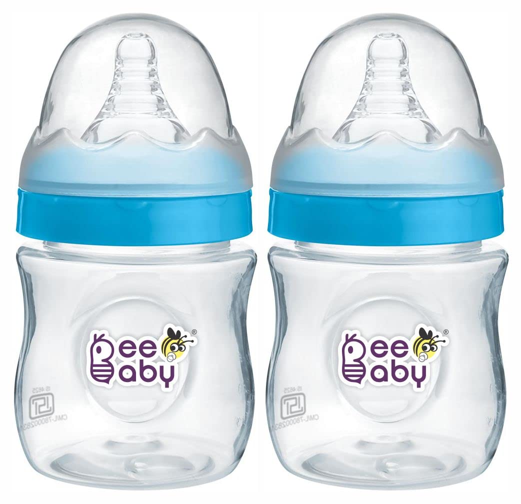 beebaby ease wide neck baby feeding bottle with anti-colic soft silicone nipple for newborns, infants, kids. easy to latch. 100% bpa free. (2, blue, 150 ml)