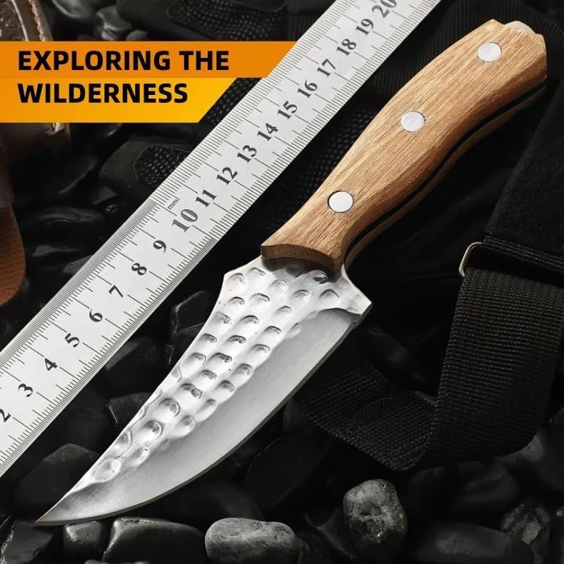 Image of Chef Knife Full Tang High Carbon Steel Blade with Wooden Handle - Professional Butcher Boning Knife, Kitchen Use with Leather Sheath, Hammered Finish, Damascus Pattern
