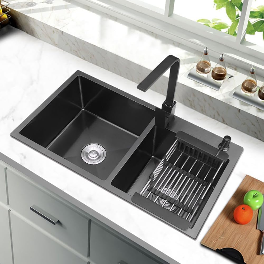 ZTCHSENZT Stainless Steel Double Bowl Kitchen Sink - Topmount Undermount Handmade Workstation Sink with Drain Tray for Restaurant Kitchen,7-72x40cm