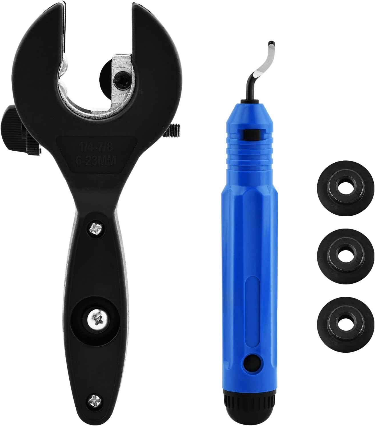 ratcheting tubing cutter, copper pipe cutter, tubing cutters 5/16" to 1 1/8", tube compact cutters with deburring tool & 4 bearing blades, pex cutte-r tool for cutting metal pipes (6-23)