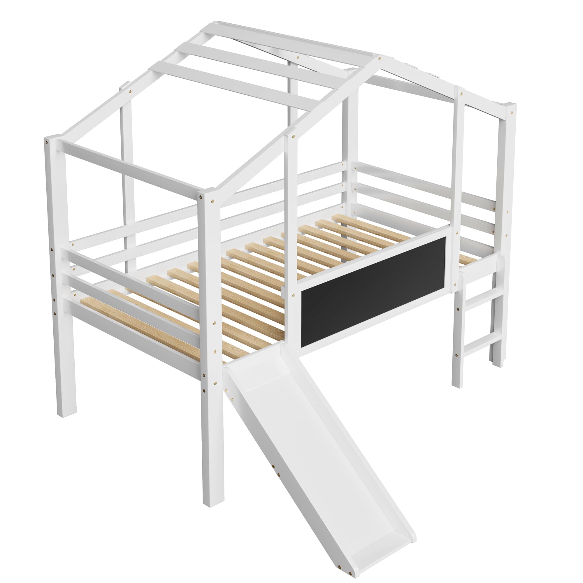 Merax Kinderbett 90×200 cm, Hochbett aus Massivholz, im Haus-Design mit Rutsche, Graffiti-Tafel, Multifunktionsbett, Einzelbett, platzsparendes Spielbett für Kinderzimmer, Weiß (ohne Matratze)