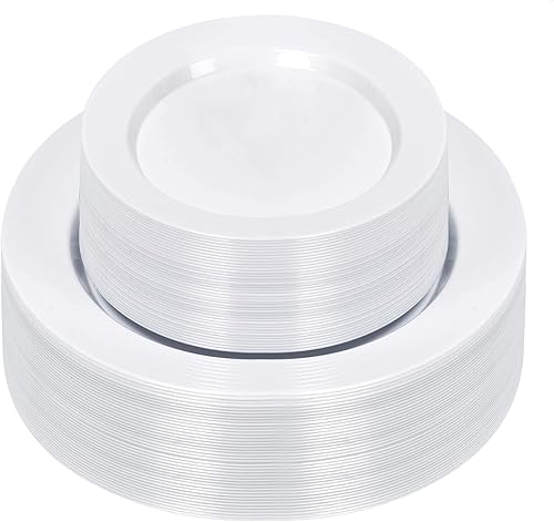 Miniatura 1 de 100 platos de plástico blanco, platos de plástico desechables resistentes con 50 platos llanos de 10.25 pulgadas y 50 platos de postre de 7.5