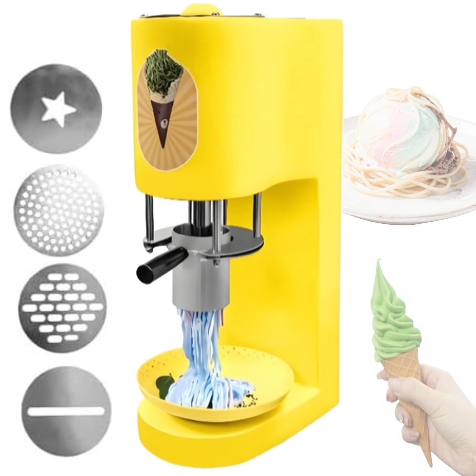 Quixnova 80W Tabletop Spaghetti Ice Cream Machine Professional Ice Cream Noodle Extruder with 4 Interchangeable Molds for Dessert Shops, Cafés and Food Trucks Yellow
