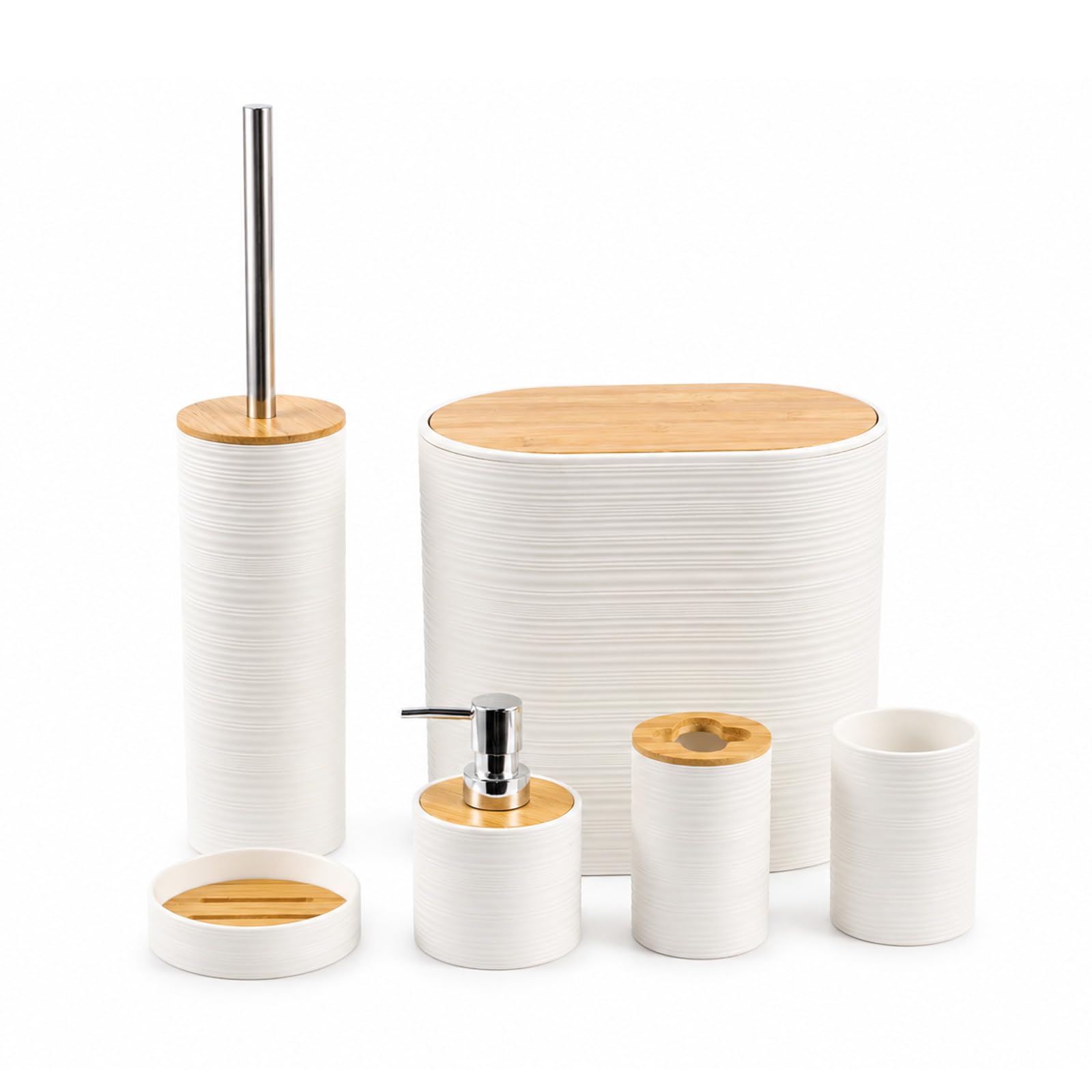 EVERGOODS 6-Piece Bathroom Accessory Set: Includes Waste Bin, Toilet Brush, Liquid Soap Dispenser, Toothbrush Holder, Tumbler, Soap Dish, and Accessories. (6-Piece Bathroom Set — White (S))
