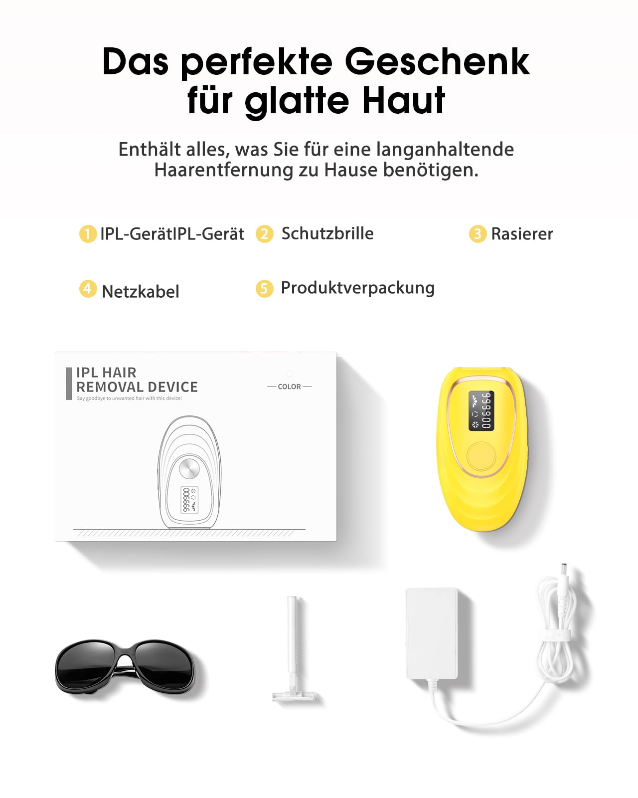 Haarlosy IPL Geräte Haarentfernung mit Kühlfunktion, 999,900 Lichtimpulse, 5 Energiestufen Schmerzfreie IPL Haarentfernung Laser Hair Removal für Frauen, Männer, Bikini, Körper und Beine