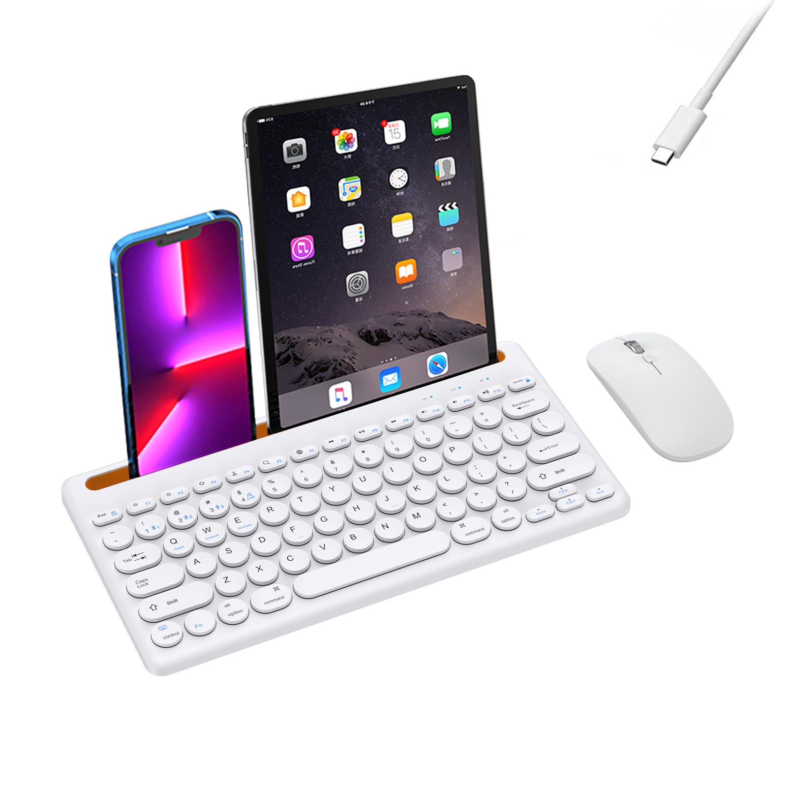 Wireless Keyboard and Mouse Combo with Phone Tablet Holder, Rechargeable Dual-Mode (Bluetooth 5.0 and 3.0 +2.4G) Multi-Device Silent Mouse for Windows, iPad, Tablet, MacOS,iOS,Android (White)-picture-40