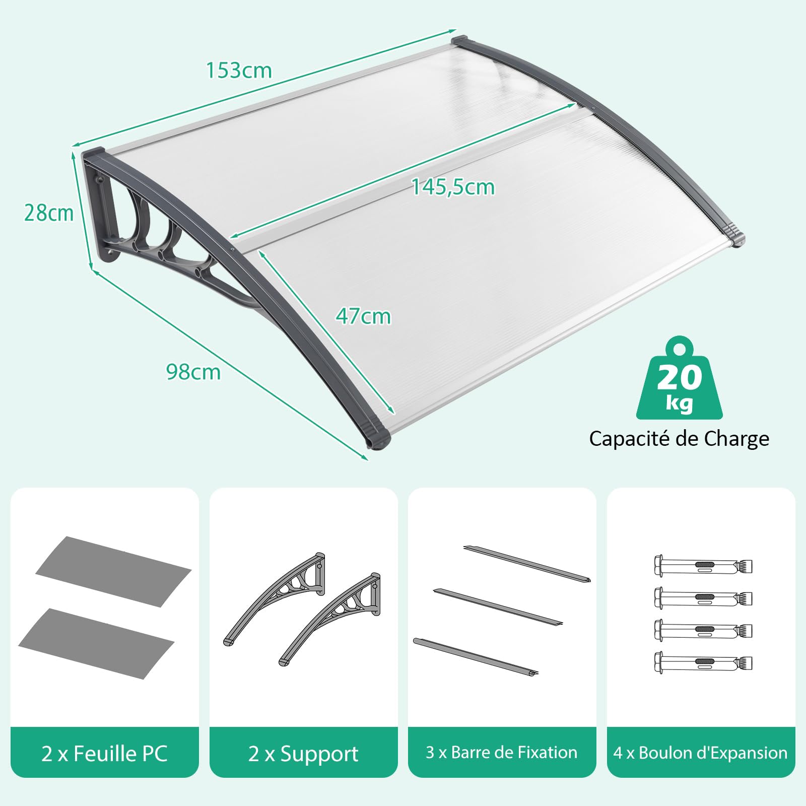 RELAX4LIFE Marquise de Porte Exterieur 150x100 CM, Auvent Porte d’Entrée en Polycarbonate, Protection Contre Pluie et UV, Auvent Marquise Aluminium pour Terrasse Balcon Patio