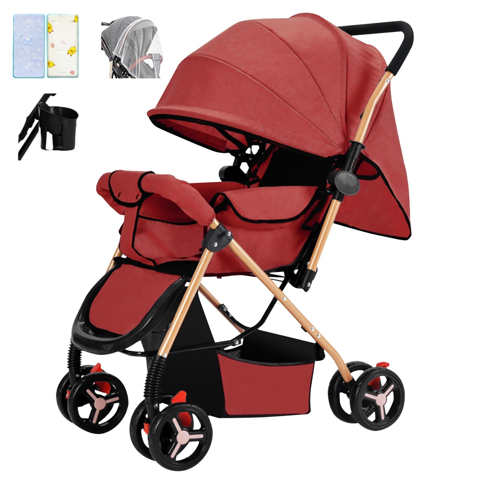 DAYONG Lightweight Travel Stroller, Two-way Push Baby Stroller, One-click Foldable/Extra Wide Seat/Cool Mat/Mosquito Net, Load 25kg, Portable Infant Stroller for New Born Baby Toddler. (red)