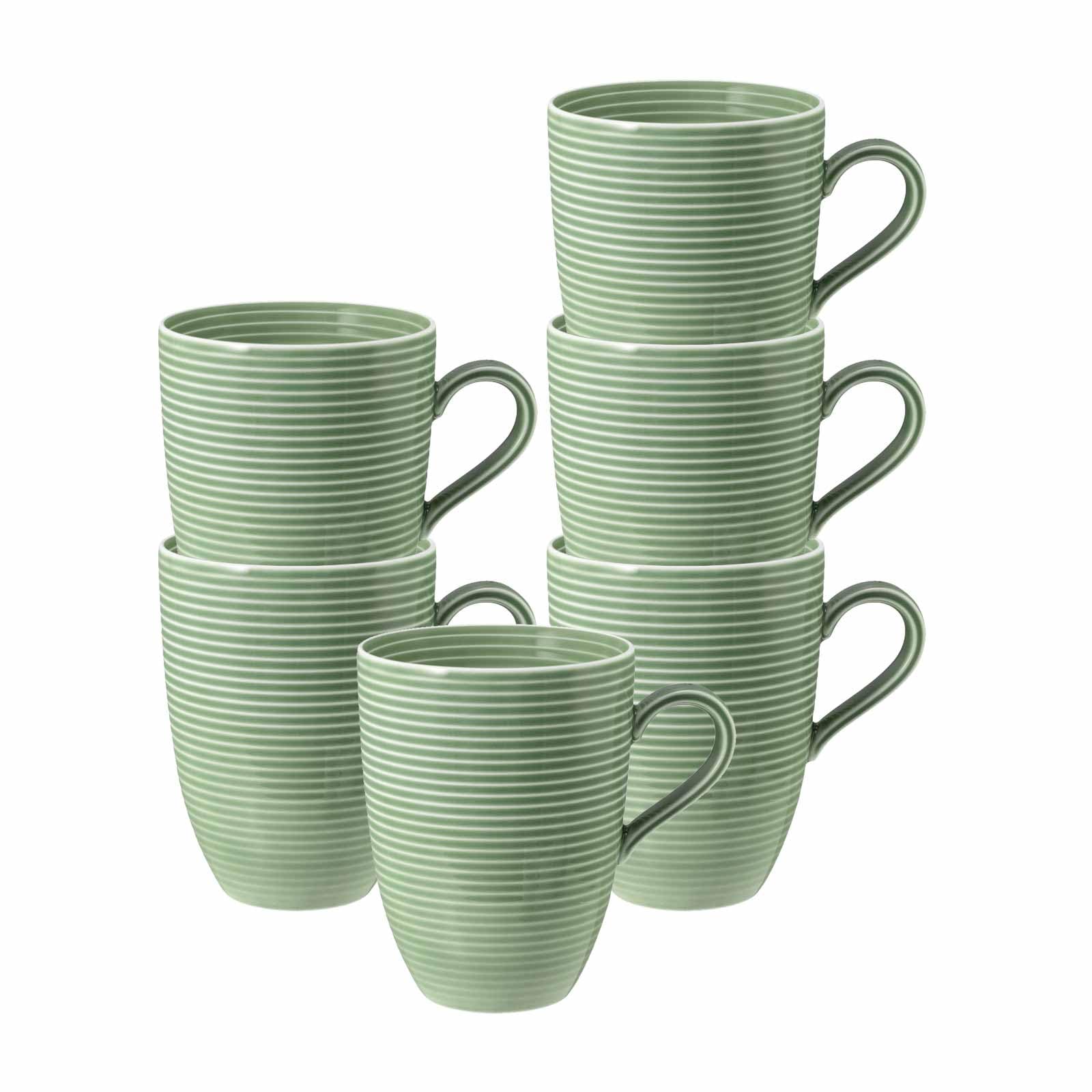 Seltmann Weiden Beat Color Glaze Becher mit Henkel 6er Set, 350 ml, Kaffeebecher mit Rillen-Relief, Porzellan, Salbeigrün