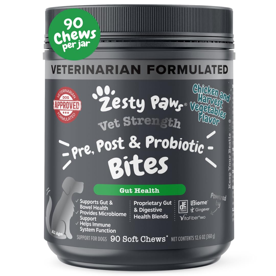 Zesty Paws Probiotics for Dogs - Digestive Enzymes for Gut Flora, Digestive Health, Diarrhea & Bowel Support - Clinically Studied DE111 - Dog Supplement Soft Chew for Pet Immune System - VS - 90 Count