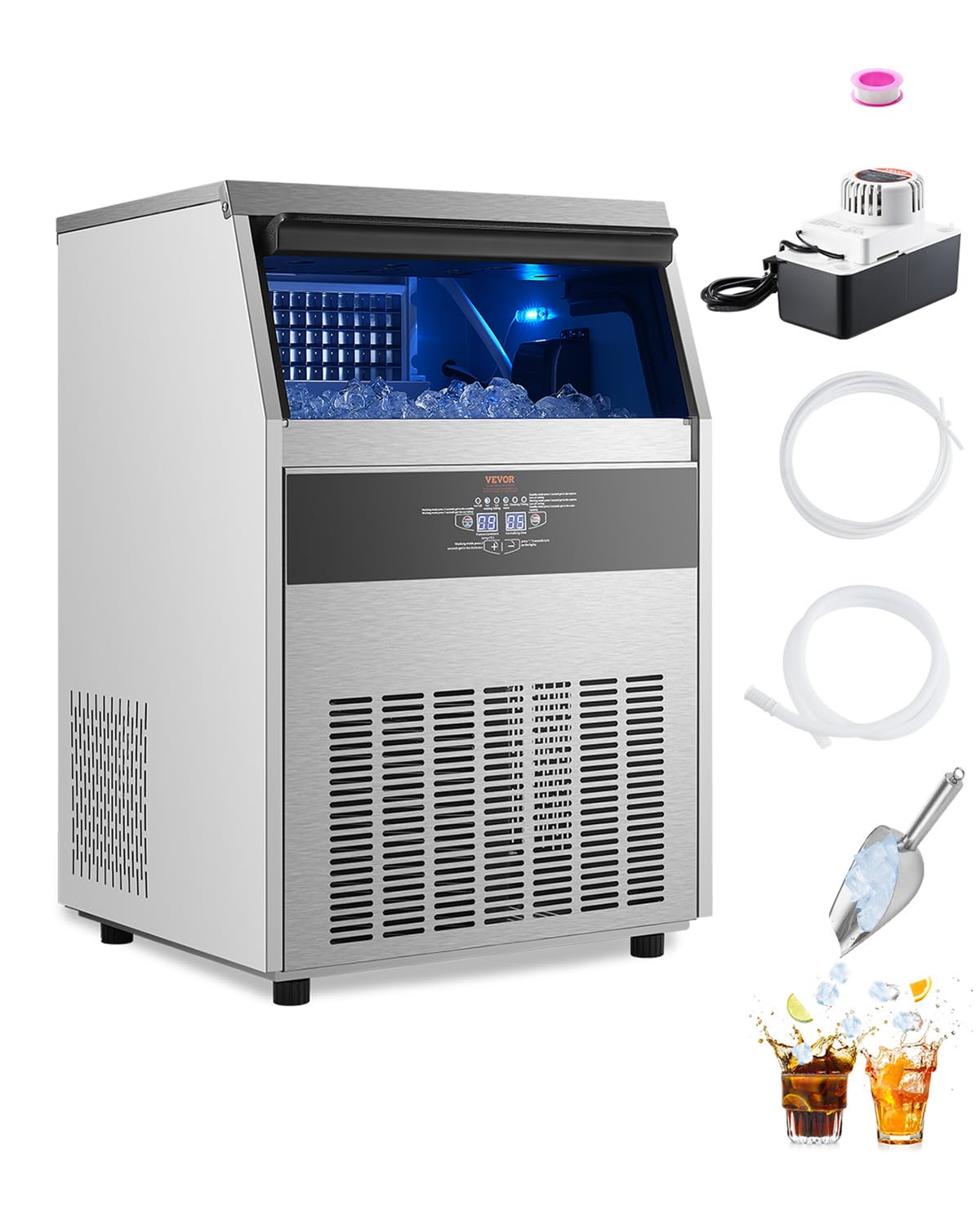 VEVOR 200lbs/24H Commercial Ice Maker Machine with Drain Pump, 66lbs Storage Capacity Ice Maker, 108 Ice Cubes in 15 Minutes, LED Digital Display Freestanding Self-Cleaning for Bar Office Restaurant