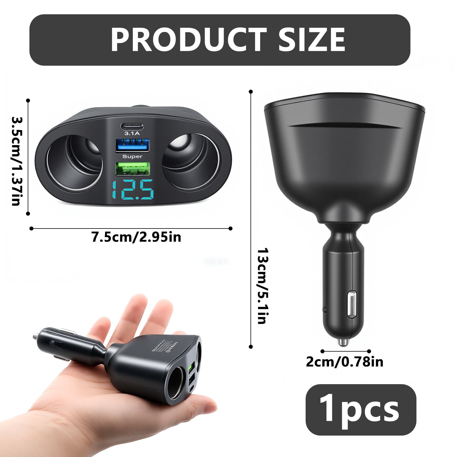 Car Cigarette Lighter Adapter 12V/24V, Dual USB-C PD & USB-A QC3.0 Super Fast Charger, 360° Rotating Car Lighter Adapter, Multi-Socket Splitter with LED Voltmeter for Phone Tablet GPS Dashcam — view 2