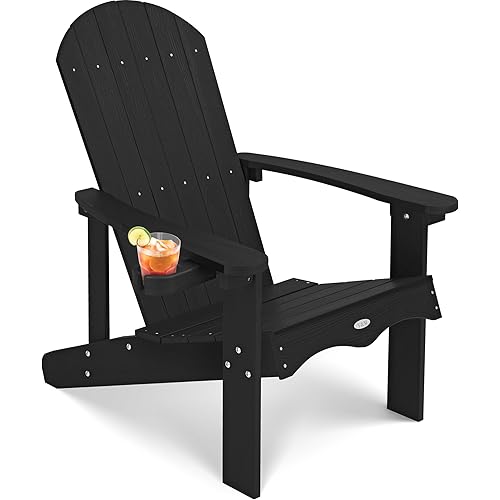 Y&M Adirondack Chair, Black Fire Pit Chairs, Outdoor Patio Chairs with Cup Holder, Weather Resistant HDPE Wooden Textured Patio Chairs, Perfect for Garden, Lawn, Deck, or Poolside