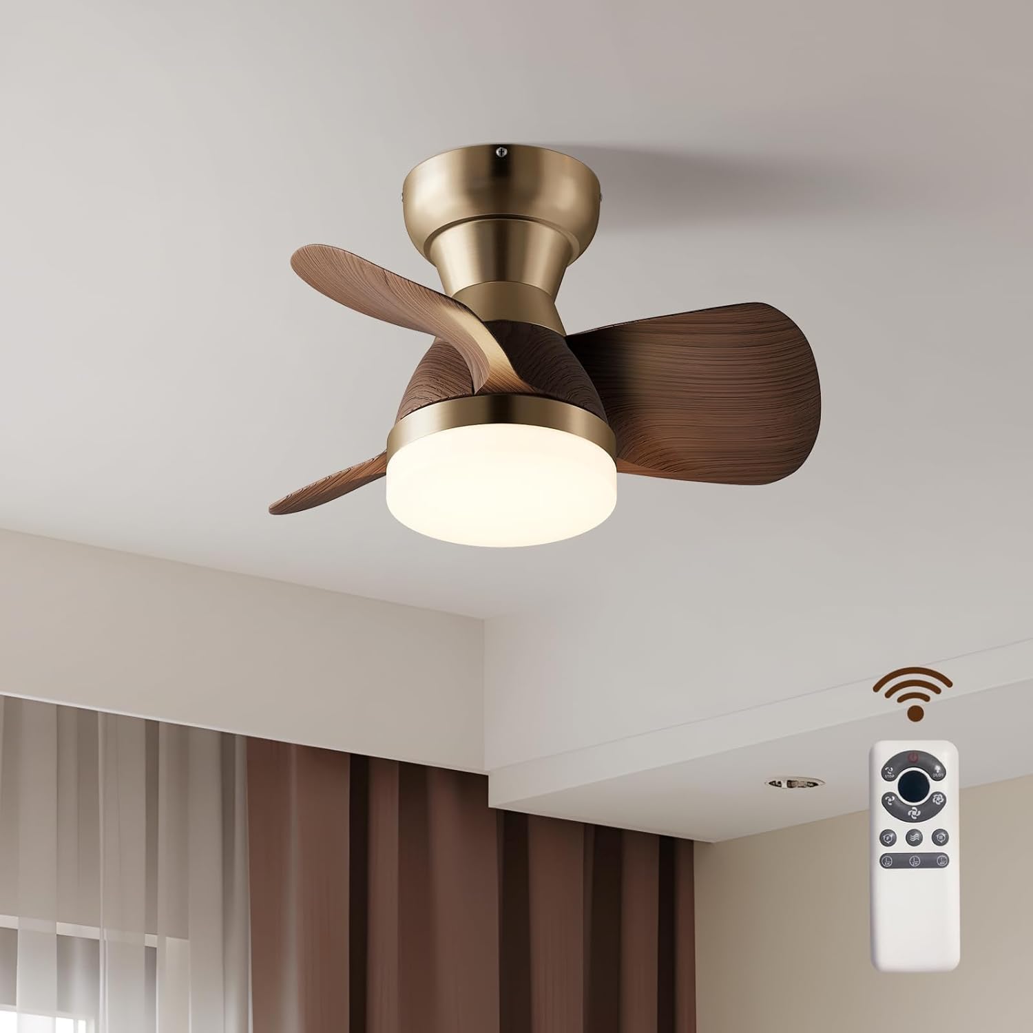20 Inch Ceiling Fan with Light, 3 Blades Plastic Wood Grain, Brass Small Ceiling Fan with Remote Control, Suitable for Living Room, Dining Room, Bedroom Electroplated copper 20inch