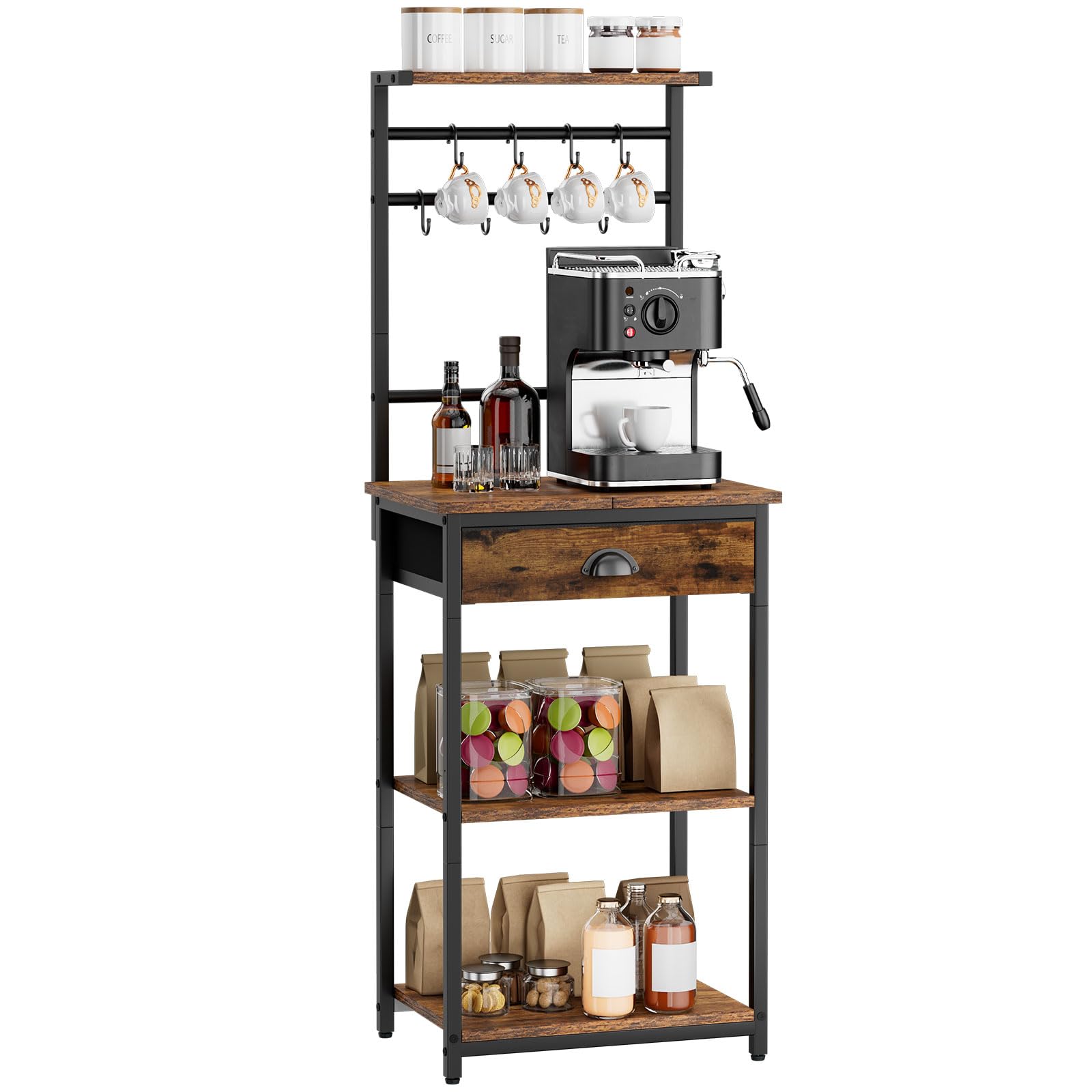 YMYNY 5 Tier Coffee Bar Station, Coffee Stand with Fabric Drawers, 8 S-Shaped Hooks, Corner Bar Cabinet, Height Adjustable, Bakers Rack for Kitchen, Living Room, Rustic Brown HBR009H