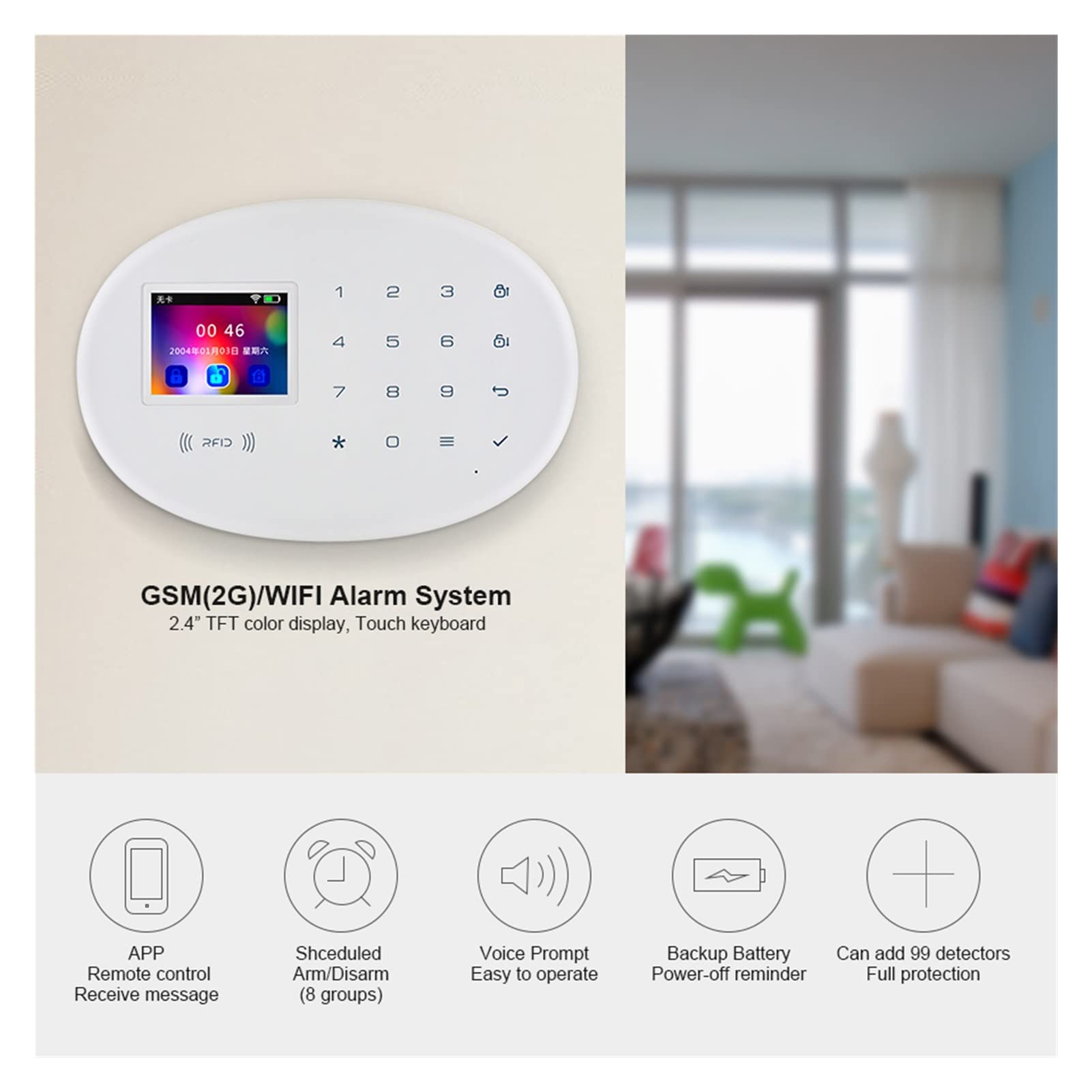 W20 4G WiFi GSM System alarmowy Bezpieczeństwa Tuya Smart Home 2,4 cala Tft. Panel dotykowy Aplikacja Kontroluj detektor dymu włamywacza Szybki montaż(KIT1)