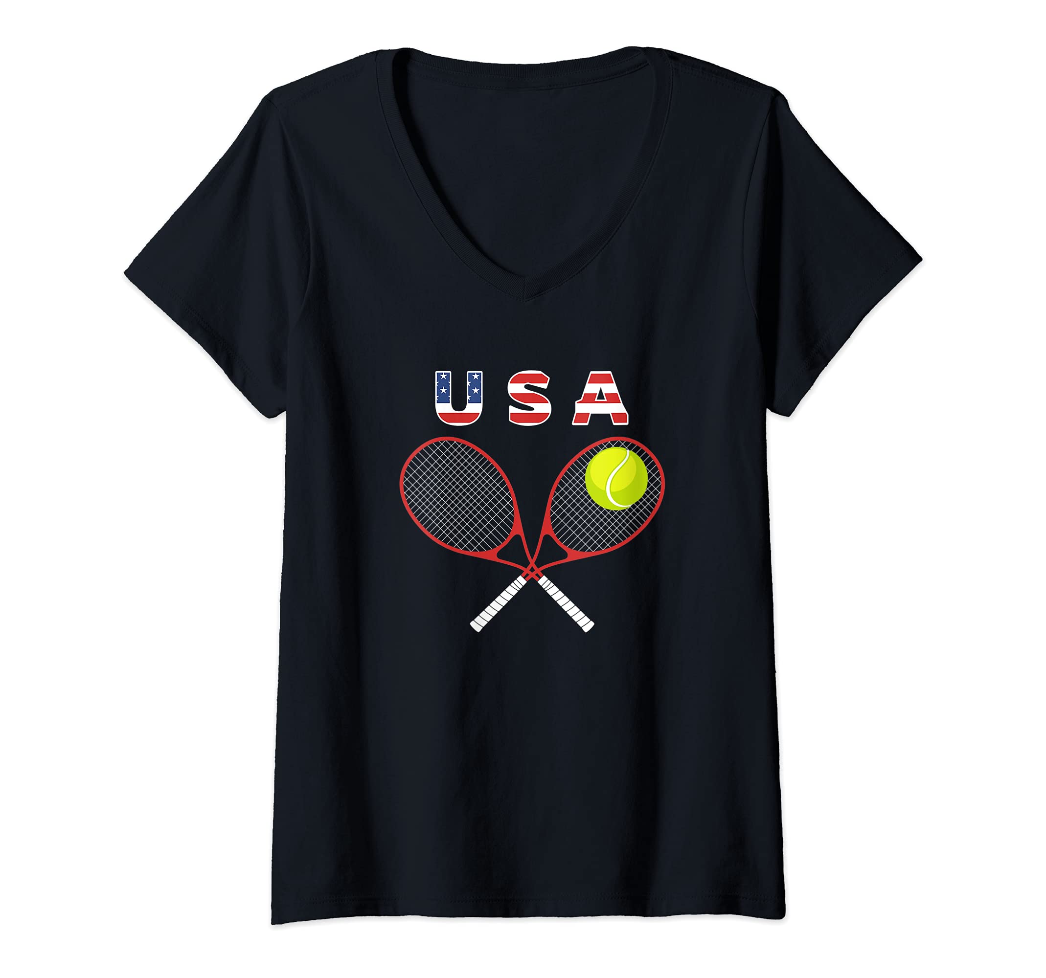 Womens Tennis American Flag / USA Fans Support Racket Ball V-Neck T-Shirt, Black