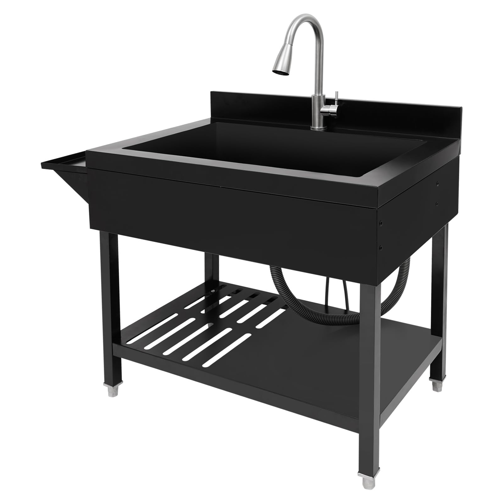Fregadero de cocina con grifo de acero inoxidable, color negro, con estante y grifo extraíble para cocina, gastronomía