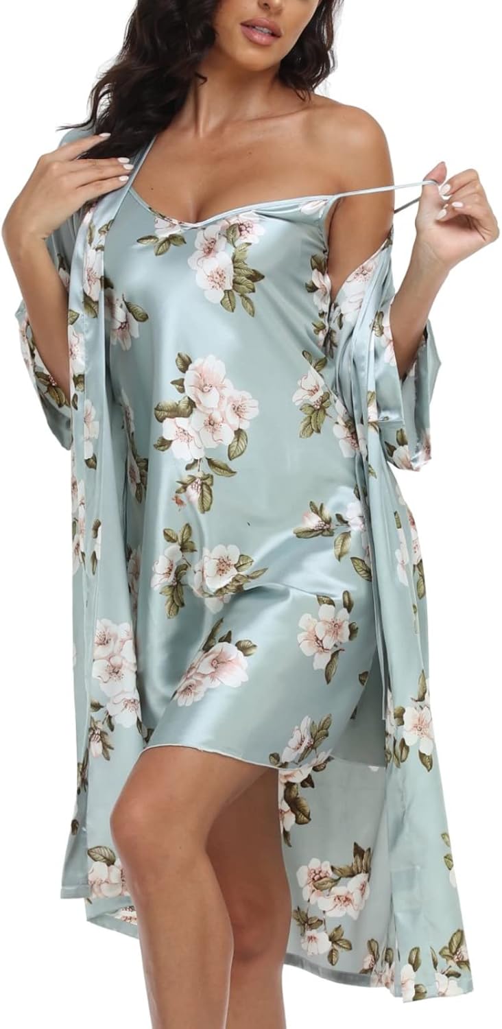 1stmall Women's Satin Robe Sets 2 Piece Nightgown Silk Pajama Sexy Floral Lingerie Lace Cami Sleepwear Night Robes