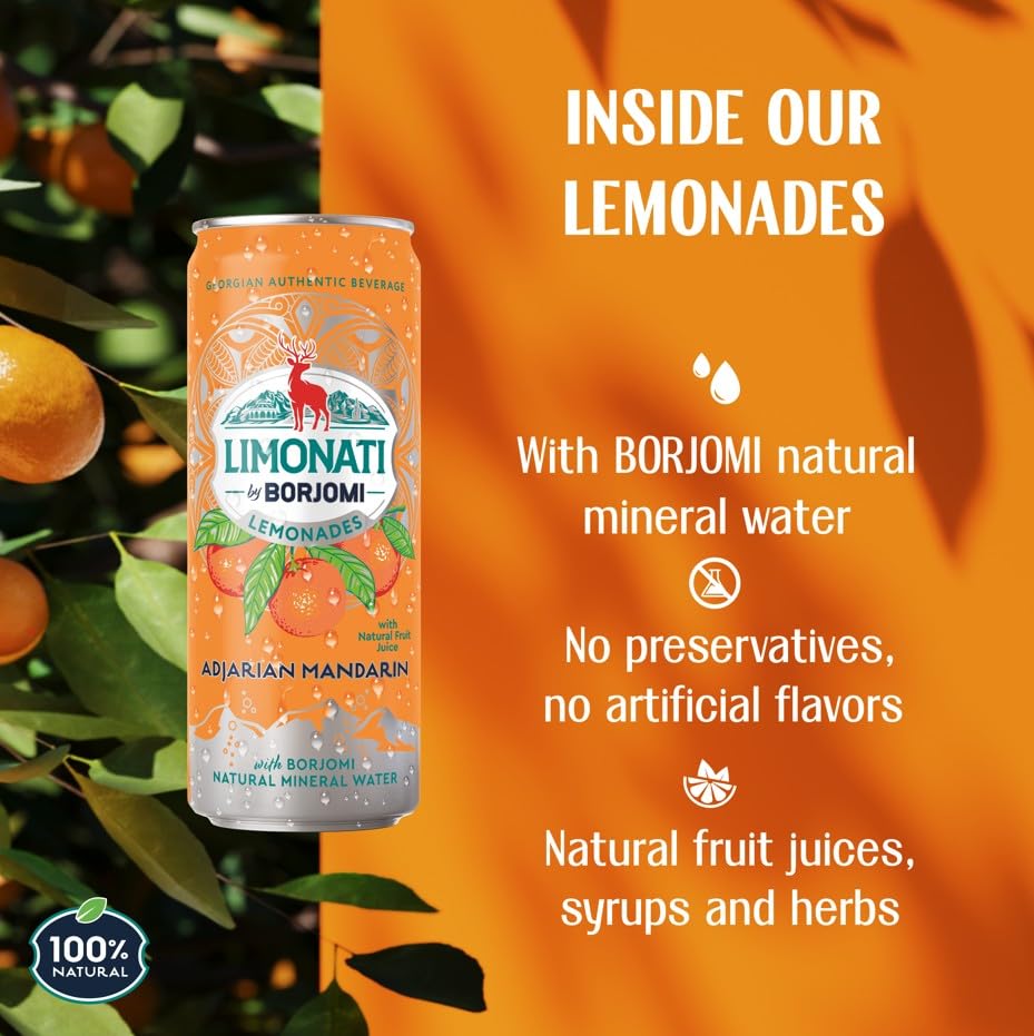 Limonati by Borjomi, Adjarian Mandarin Lemonade with Natural Fruit Juice and Borjomi Natural Mineral Water, 11.15 fl oz (12 Cans) - Image 3