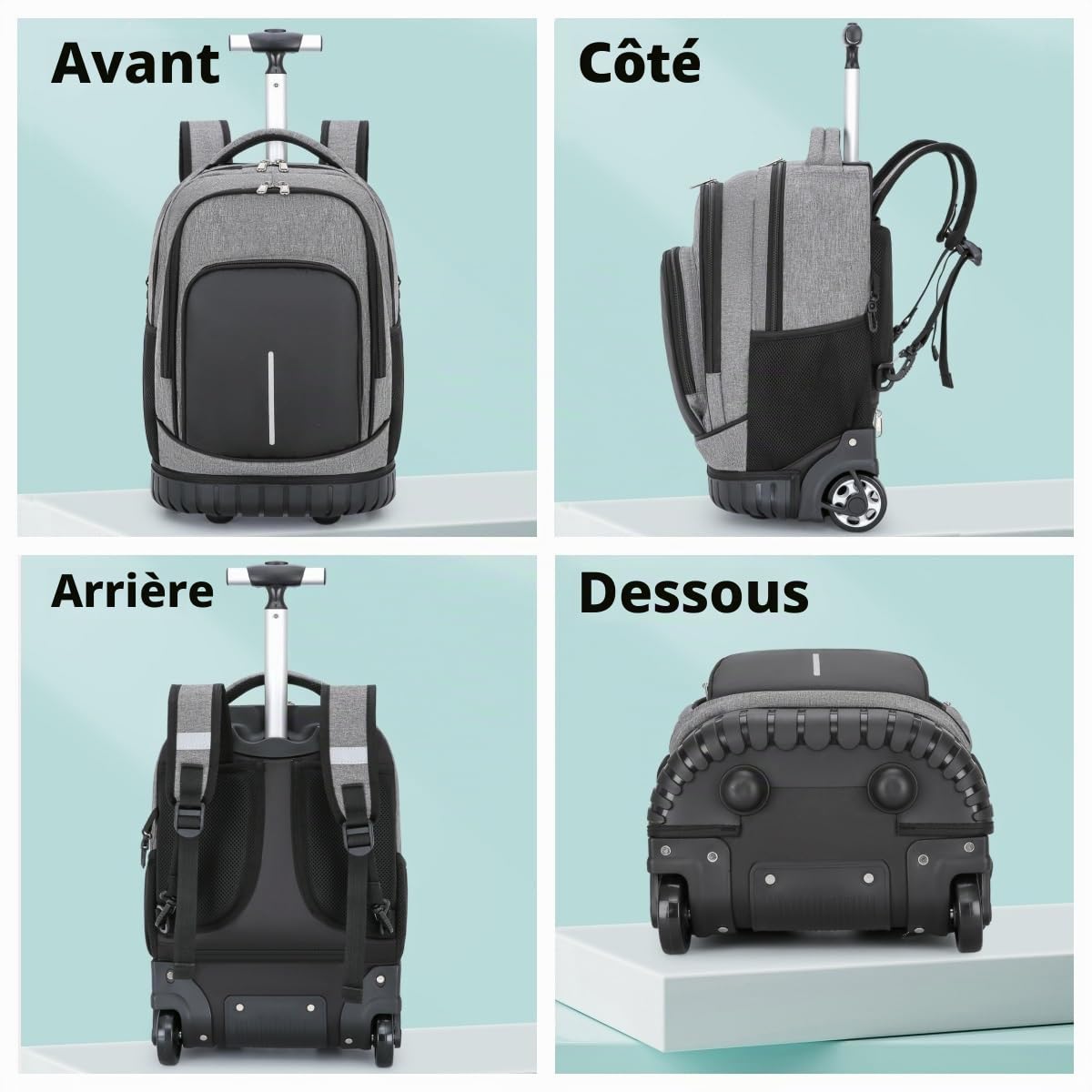 Sac à Dos à Roulette Garçon, Sac Ecole Trolley pour Primaire et Secondaires, Cartable a Roulette Garçons Filles, Noir