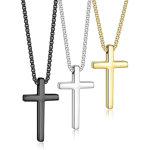Yooblue 2/3 Pcs Cross Necklace for Men, Silver Black Gold Cross Chain Necklace, Stainless Steel Cross Pendant Jewelry Gifts for Men 16-30 Inches