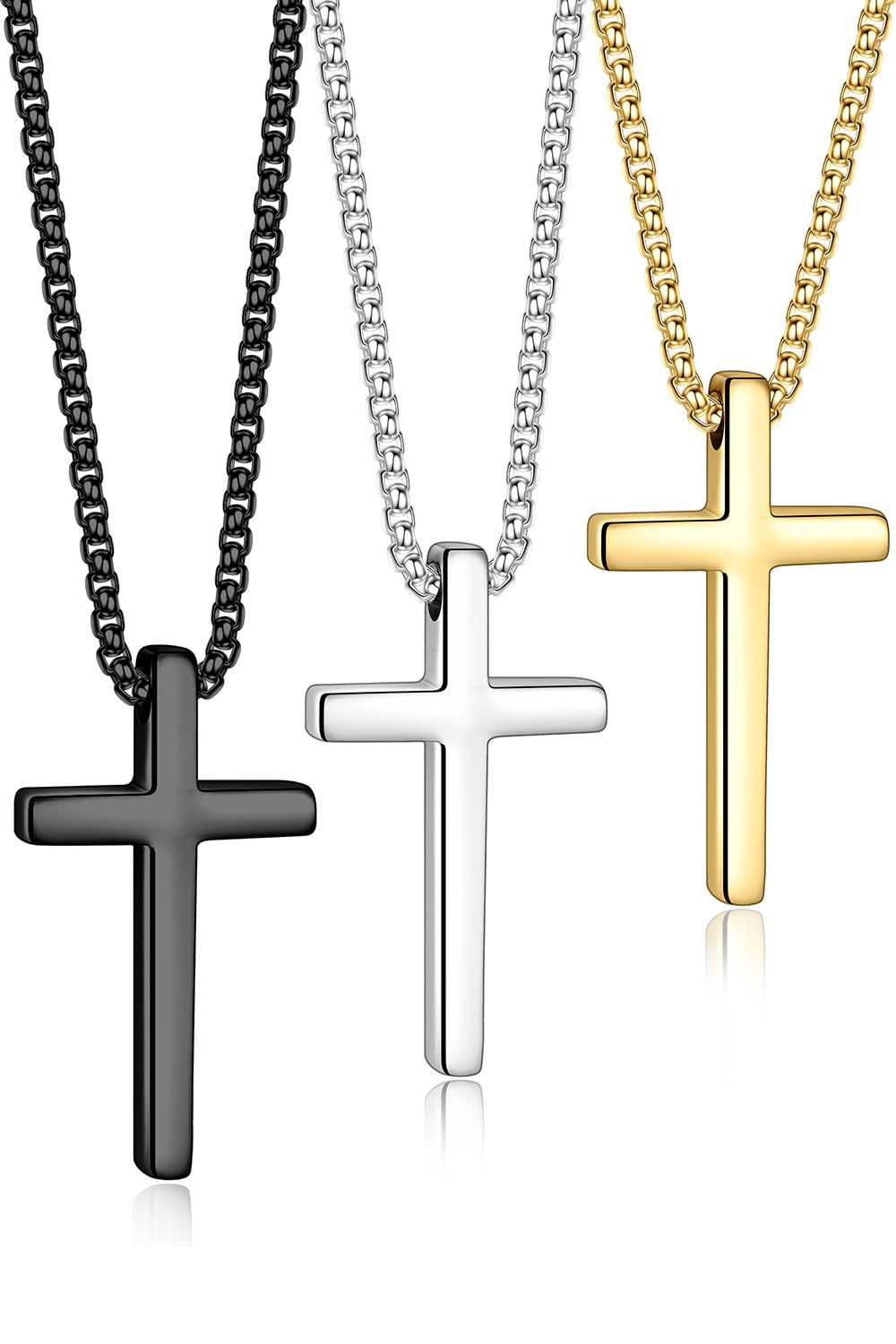 Yooblue 2/3 Pcs Cross Necklace for Men, Silver Black Gold Cross Chain Necklace, Stainless Steel Cross Pendant Jewelry Gifts for Men 16-30 Inches