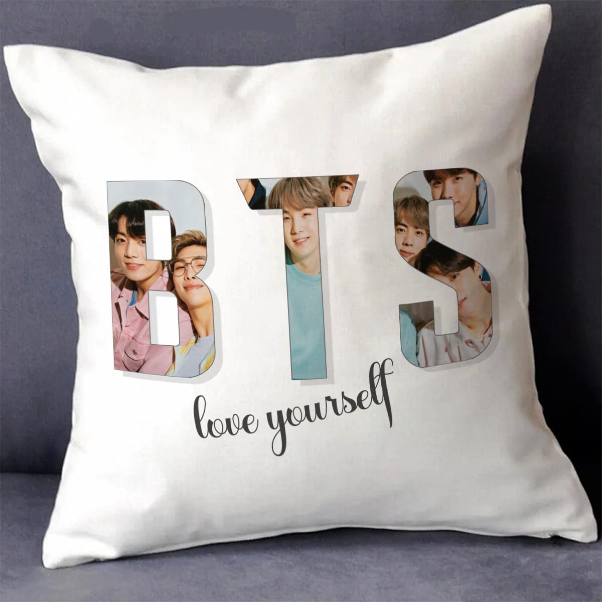 SKYTRENDS Kpop BTS Printed Satin Cushion Cover with Filler (White, 12x12 Inch) BTS Bangtang Boys Fan SYTLCD-21 (SYTLCDBTS-22)
