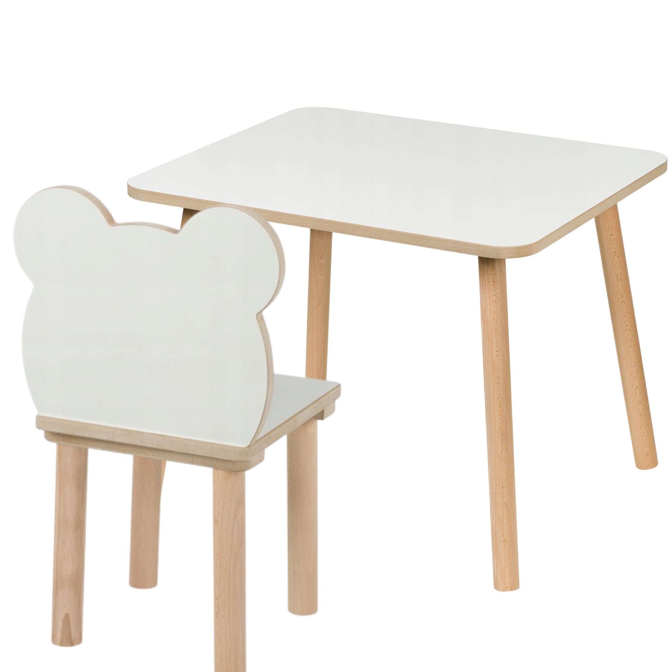 Set de mesa + silla de oso para niños 60×50×47 cm – Mesa y silla infantil de MDF y madera – Diseño blanco con acabado natural – Bordes redondeados, seguro para niños, estable – 3–7