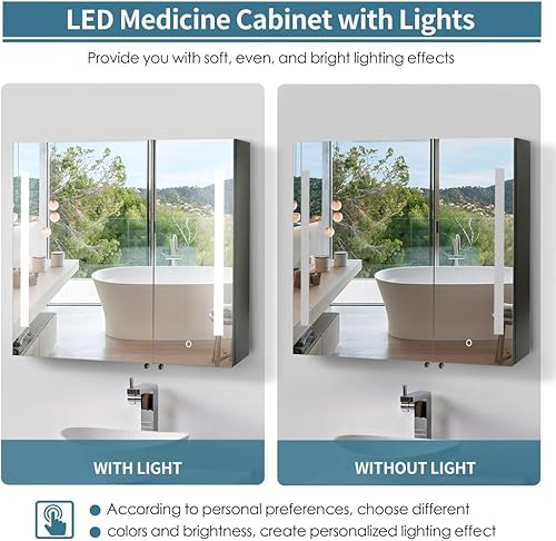 Miniatura 5 de Movo Botiquín iluminado con espejo, 30 pulgadas x 26 pulgadas, espejo LED para baño con luces y almacenamiento, antivaho, regulable, cambio de