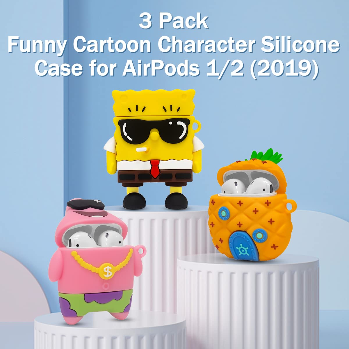 [3 Pack] Funny Airpod Case for AirPod 2/1, 3D Cartoon Character Cute Airpods 1&2 Case Kawaii AirPods 1/2 Cover for Men Boys Gift Protective Silicone Case with Keychain Accessories