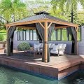 HAPPATIO 12' x 12' Hardtop Gazebo, Outdoor Wood Grain Frame Aluminum Gazebo, Double Roof Permanent Patio Gazebo Canopy with Netting and Curtains for Garden, Patio, Lawns, Parties (Grey)