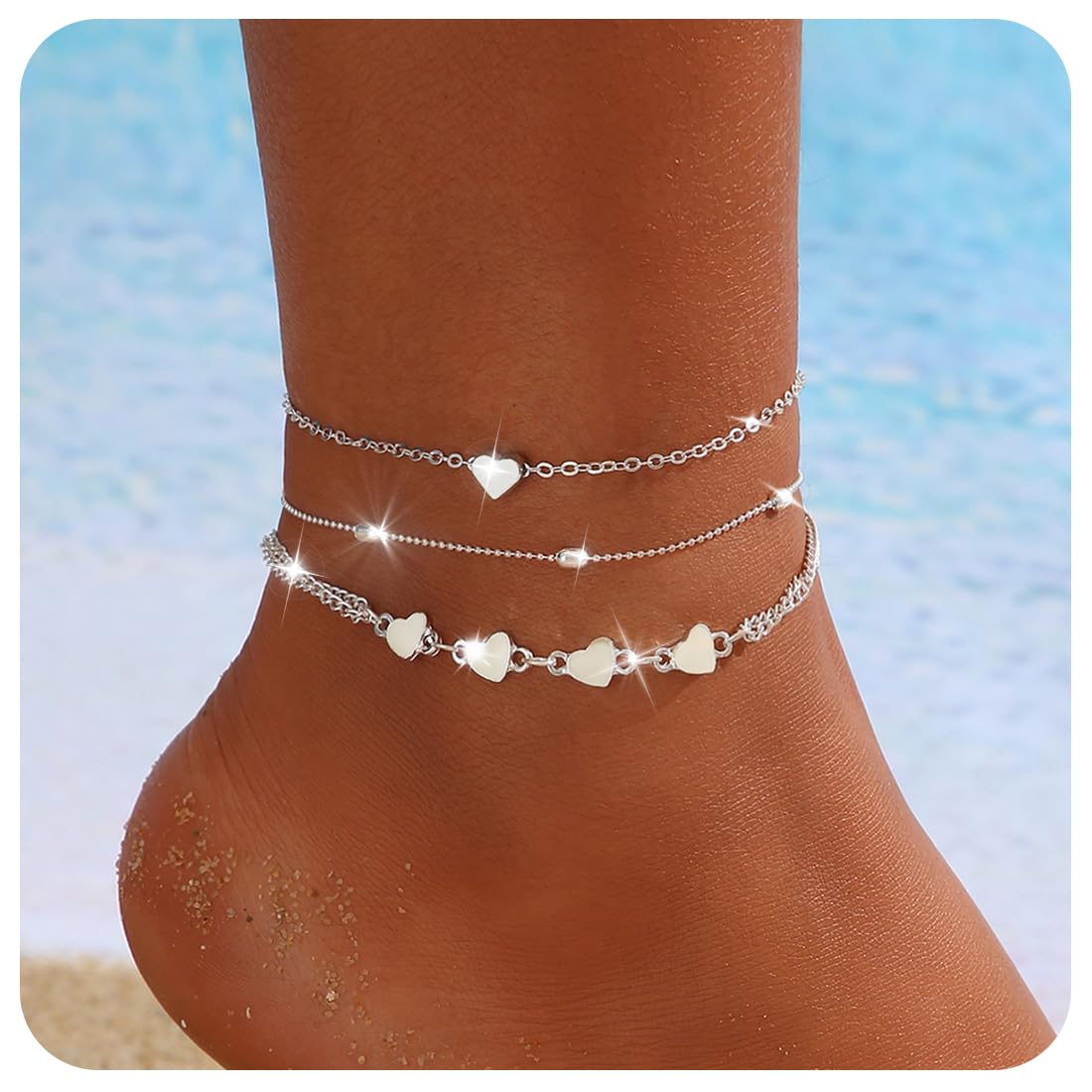 3 Pezzi Cavigliera Impermeabile a Strati per Donna Regolabile, Farfalla Cuore Cavigliere, Cavigliere da Spiaggia Argento per Donna, Regalo di Gioielli