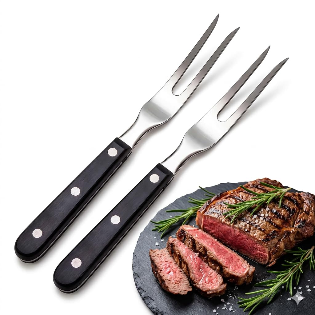 2 forchettoni da carne con manico, in acciaio inox, lunghezza 16,5 cm, lunghezza totale 29 cm, forchetta per barbecue, forchetta da carne con manico in plastica, per barbecue, cucina, tacchino,