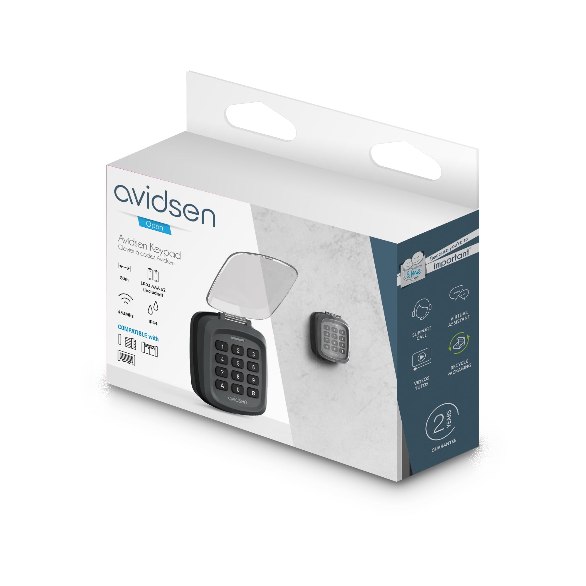 Avidsen Teclado Inalámbrico para Puertas de Garaje y Cancelas con Código | 10 códigos de 4 dígitos, alcance 80 m, 433,92 MHz, IP44, -20 °C a 55 °C, 2 pilas AAA incluidas y apertura total o peatonal.