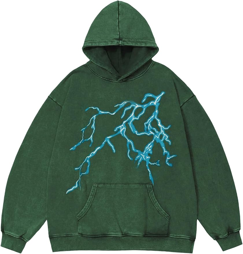 Vamtac Lightning Graphic Hoodies for Men Oversized Unisex Wash Hoodie Y2k Vintage Pullover Hooded Sweatshirt
