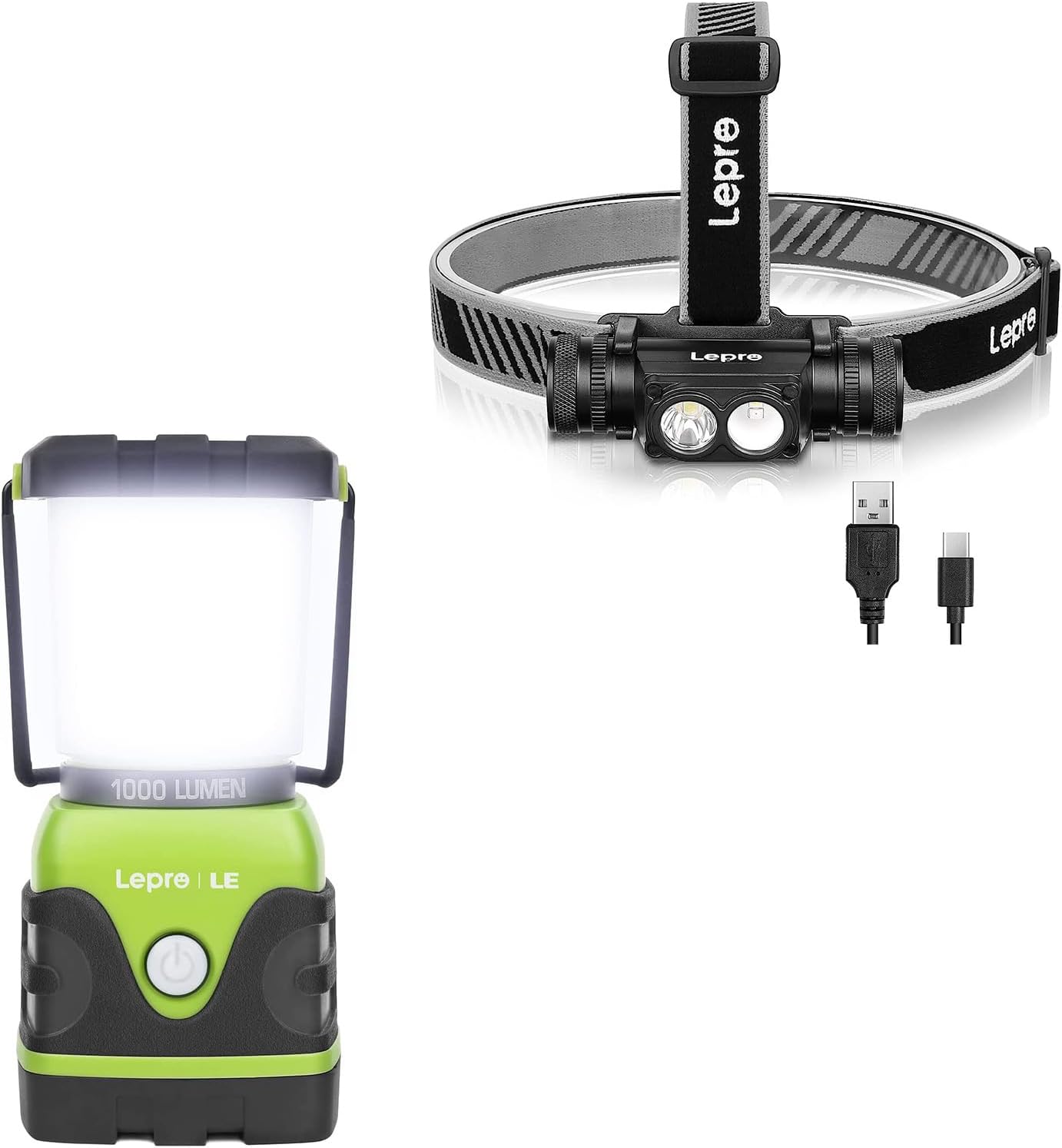 Lighting EVER Bundle - 2 Items : 1000LM Battery Powered LED Camping Lantern & Powerful 1000 Lumen Detachable LED Headlight with Red Light
