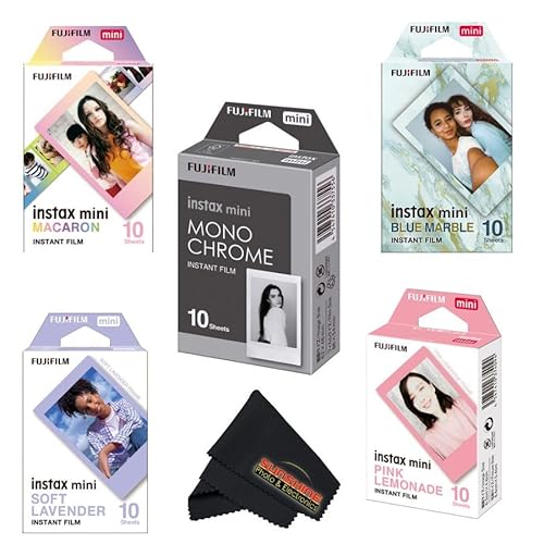 Fujifilm Instax Mini Film Variety Pack – 5 Unique Styles for Instax Cameras (Macaron, Monochrome, Blue Marble, Lavender, Pink Lemonade) – 50 Sheets Total + Bonus Cleaning Cloth...