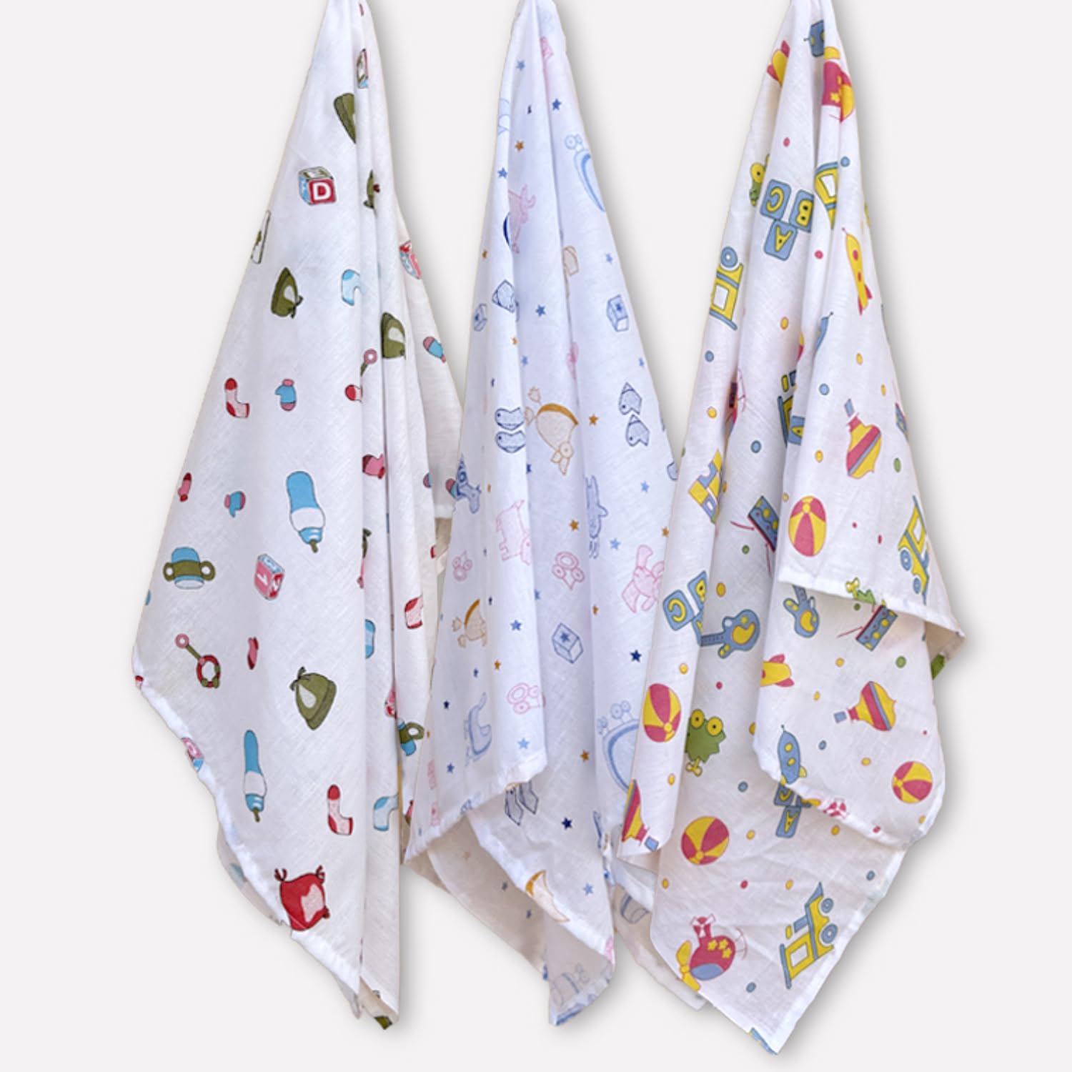 100% Cotton Malmal Thin Super Soft Large Size Swaddles, Burp Cloth, Bath Towel | Multipurpose Cotton Sheets for Baby (Large, 145 x 145 cm, Nursery Print - Pack of 3 Pc)