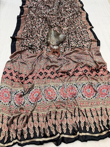 Image of SATIKA VASTRAM Modal Silk Ajrakh Saree Bandhani Design Crepe Printed Designer Pallu Attach Blouse Piece