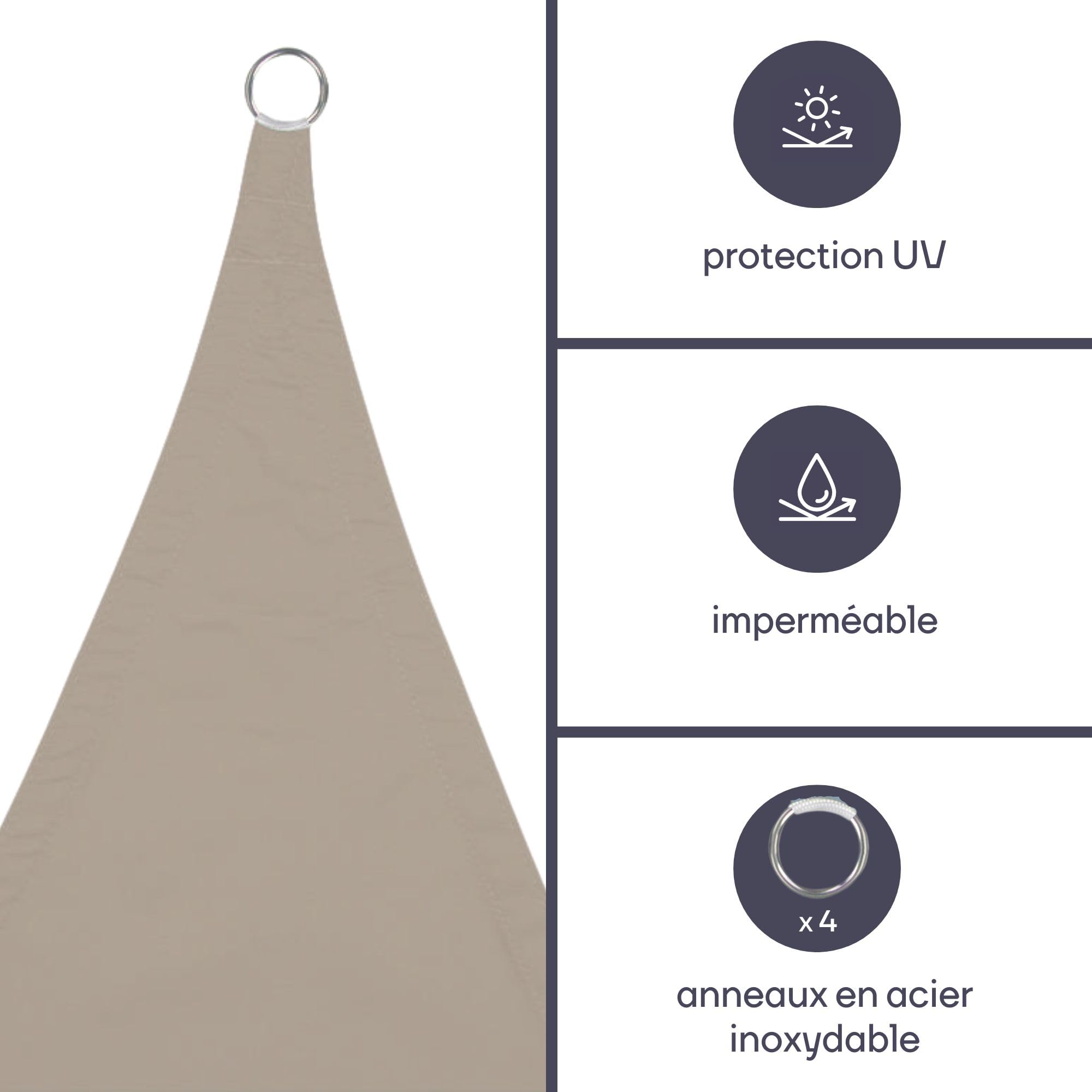 Perel Voile d’ombrage 3.6 x 3.6 m, Carree pour Jardin et terrasse, Polyester deperlant 160 g/m2, Protection UV 90%, Toile Respirante avec Anneaux en Acier Inoxydable, Creme