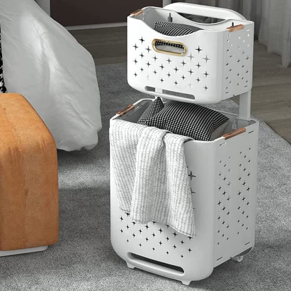 Cesto portabiancheria a 2 ripiani con ruote, in plastica, con maniglia, portatile, per un facile trasporto e nization