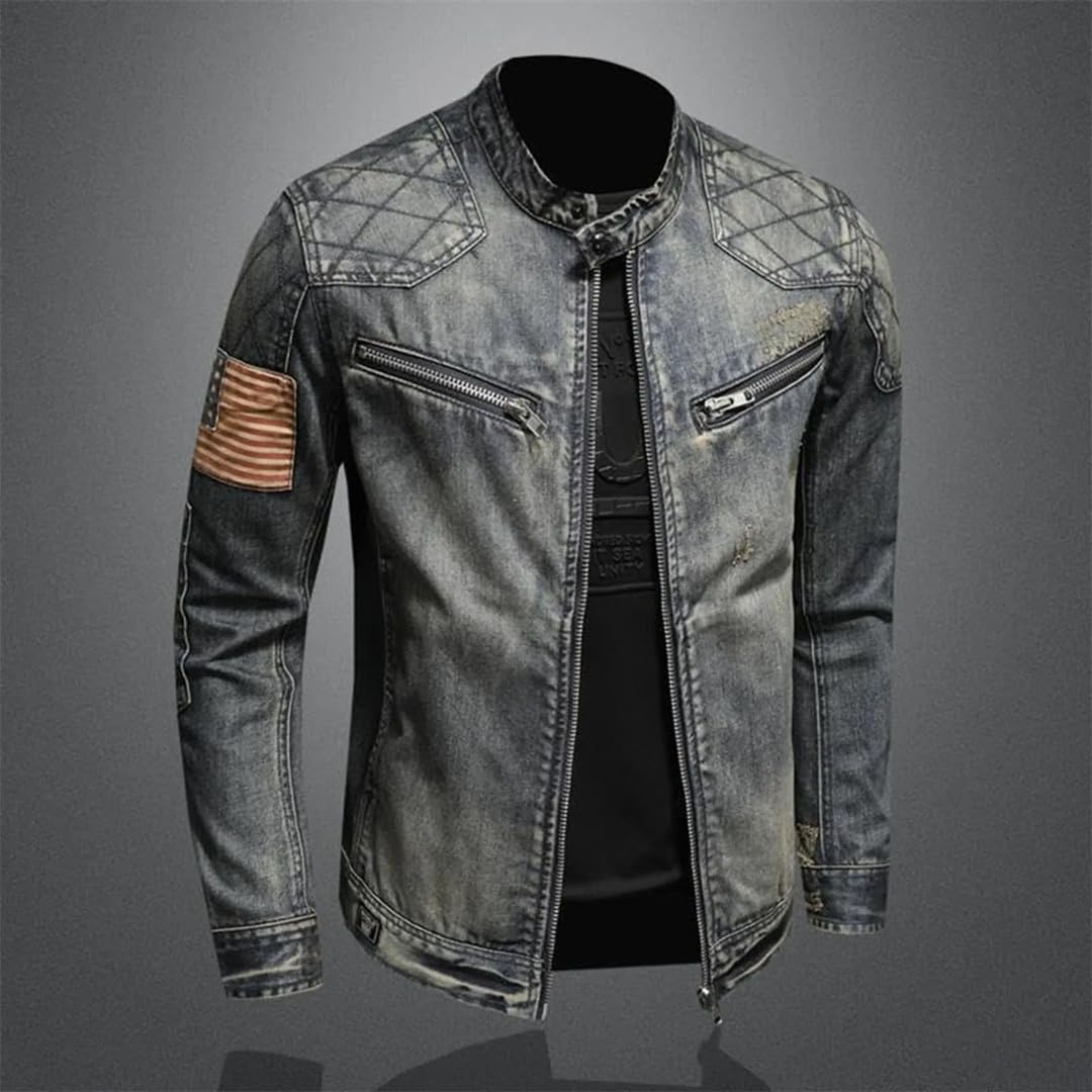 Męska kurtka dżinsowa w stylu vintage z zamkiem błyskawicznym slim fit jeans długi rękaw luźna kieszeń zamek kurtka dżinsowa