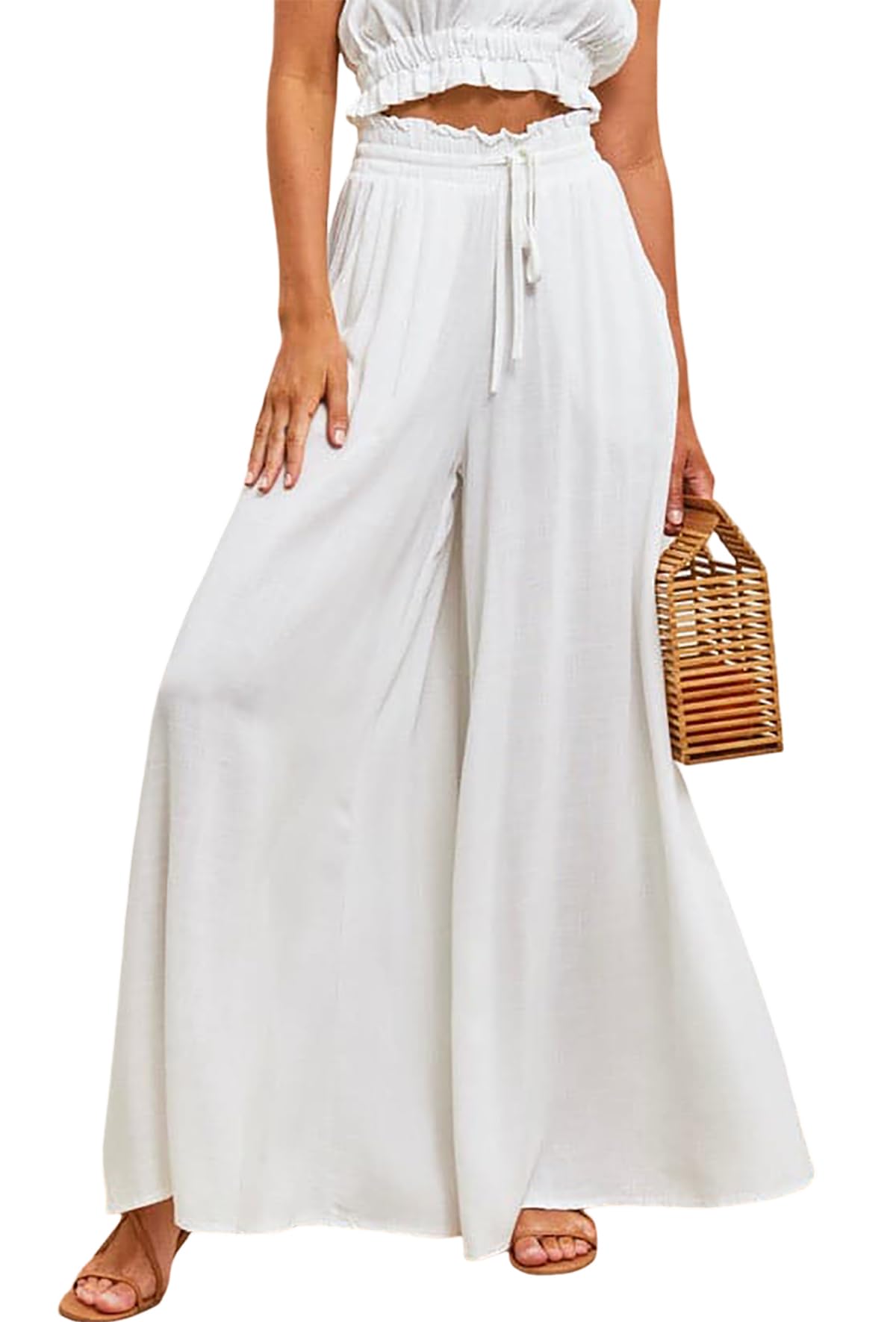 R.Vivimos Women's Wide Leg Lounge Pants Elastic High Waisted Drawstring Tie Casual Flowy Palazzo Pants Trousers with Pockets