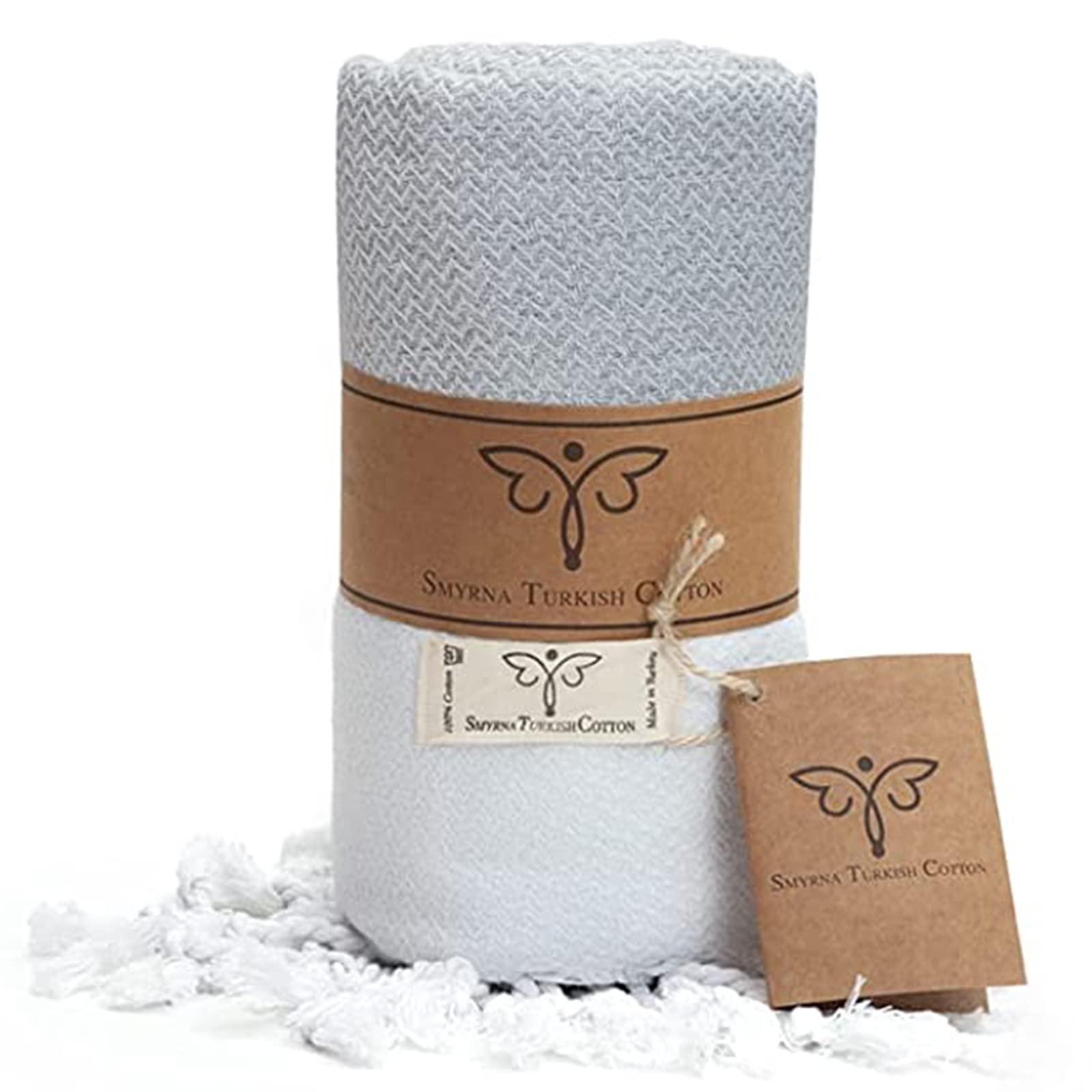 SMYRNA TURKISH COTTON50 x 60 inches Large Throw Blanket, Orientina Series, 100% Oeko-Tex Cotton, Machine Wash, Super Soft, Outdoor Throws and Blankets for Couch, Sofa, Bed, Beach, Picnic, Gray