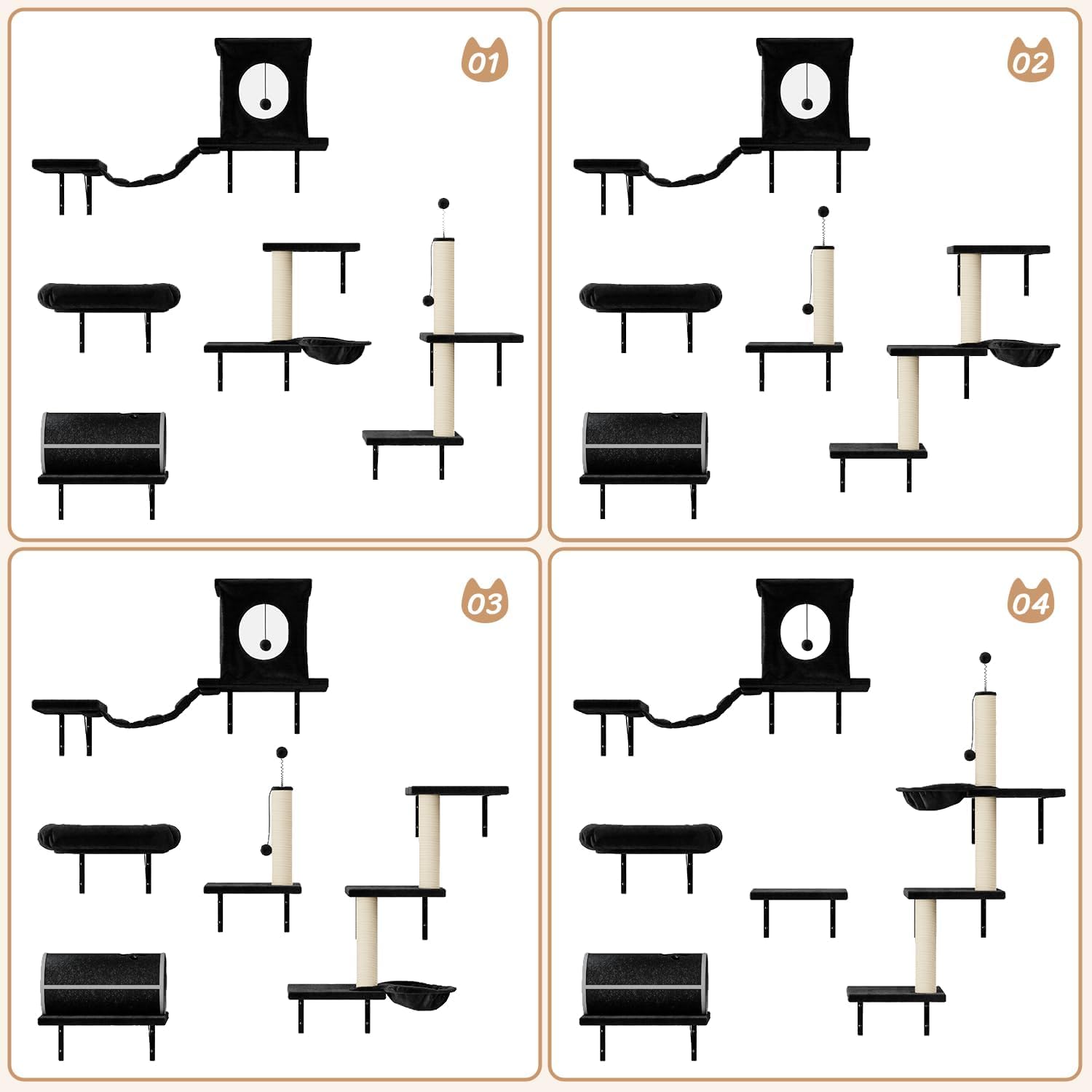 Kletterwand Katzen Set - 7-teilig, Stabiler Holzkletterer für Katzen, Wandpark mit Katzenhaus, Brücke, Tunnel, Baum, Treppe & Kratzbrett bis 10 kg (Schwarz)